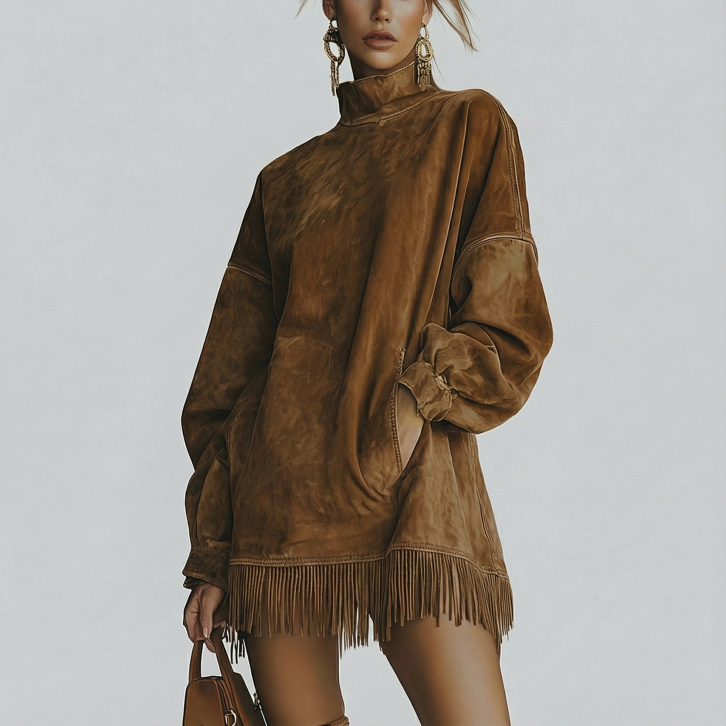 ADELA™ | Suede High-Neck Dress with Fringes