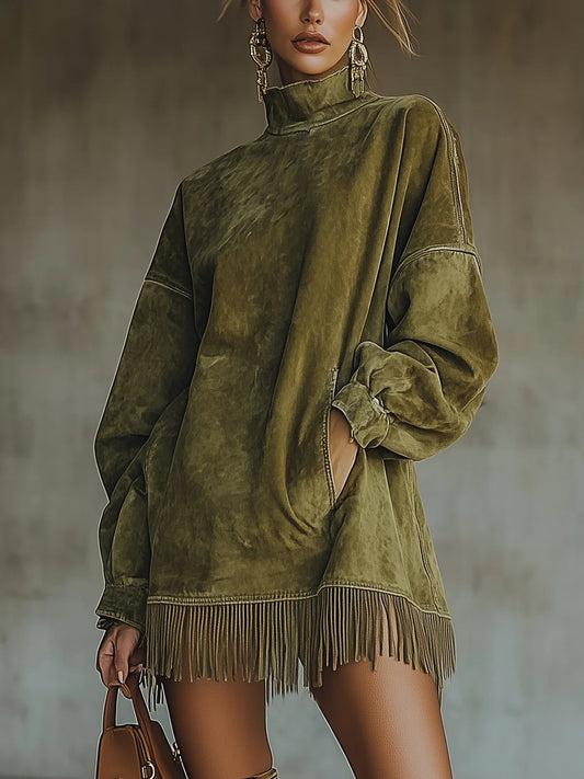 Amalia | Suede Dress with High Neck & Fringe