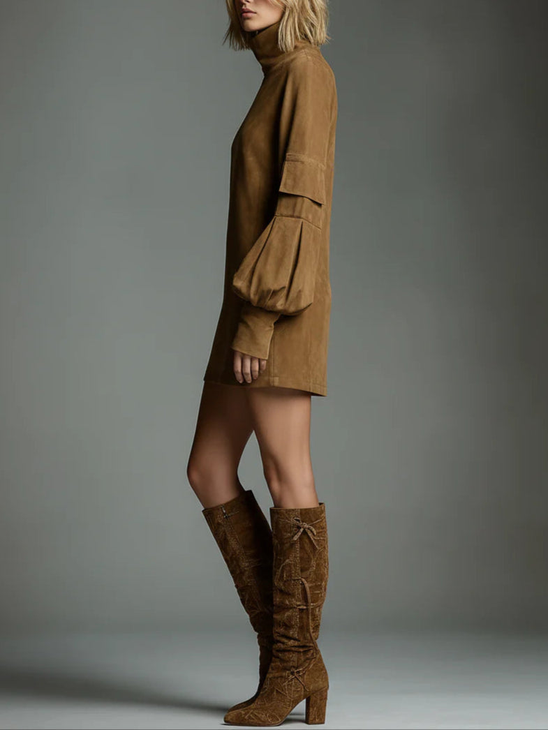 Beli | Relaxed-Fit Suede Mini Dress with Turtleneck