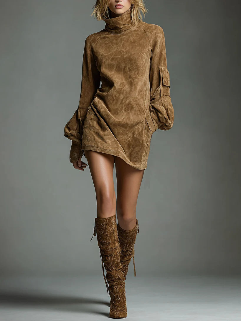 Beli | Relaxed-Fit Suede Mini Dress with Turtleneck
