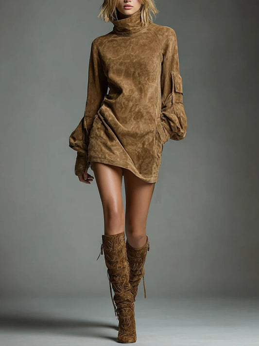 Beli | Relaxed-Fit Suede Mini Dress with Turtleneck