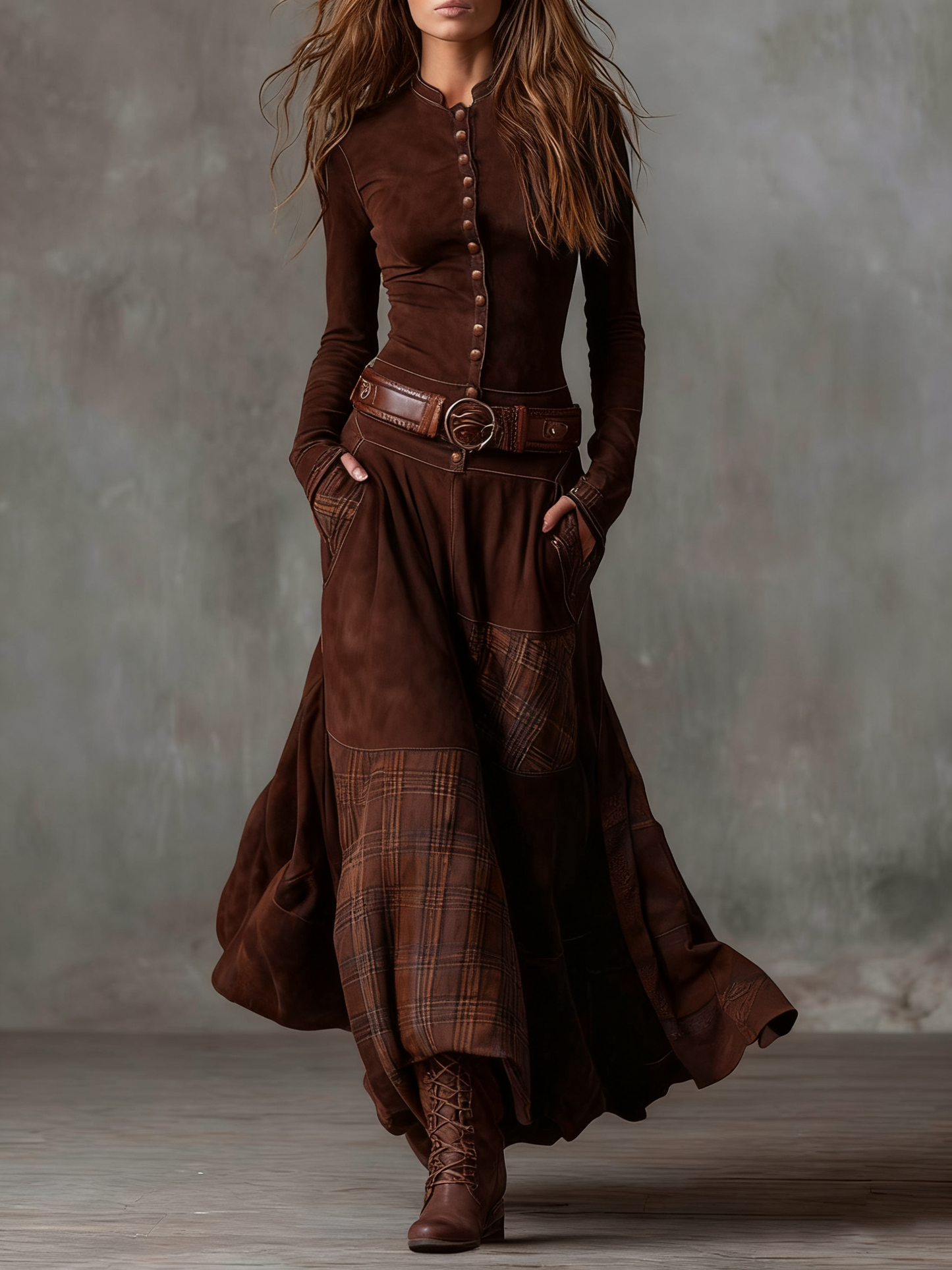Avery | Plaid Paneled Vintage Suede Maxi Dress(with belt)