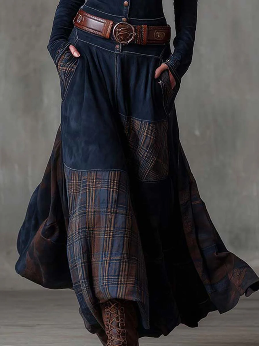Avery | Plaid Paneled Vintage Suede Maxi Dress(with belt)