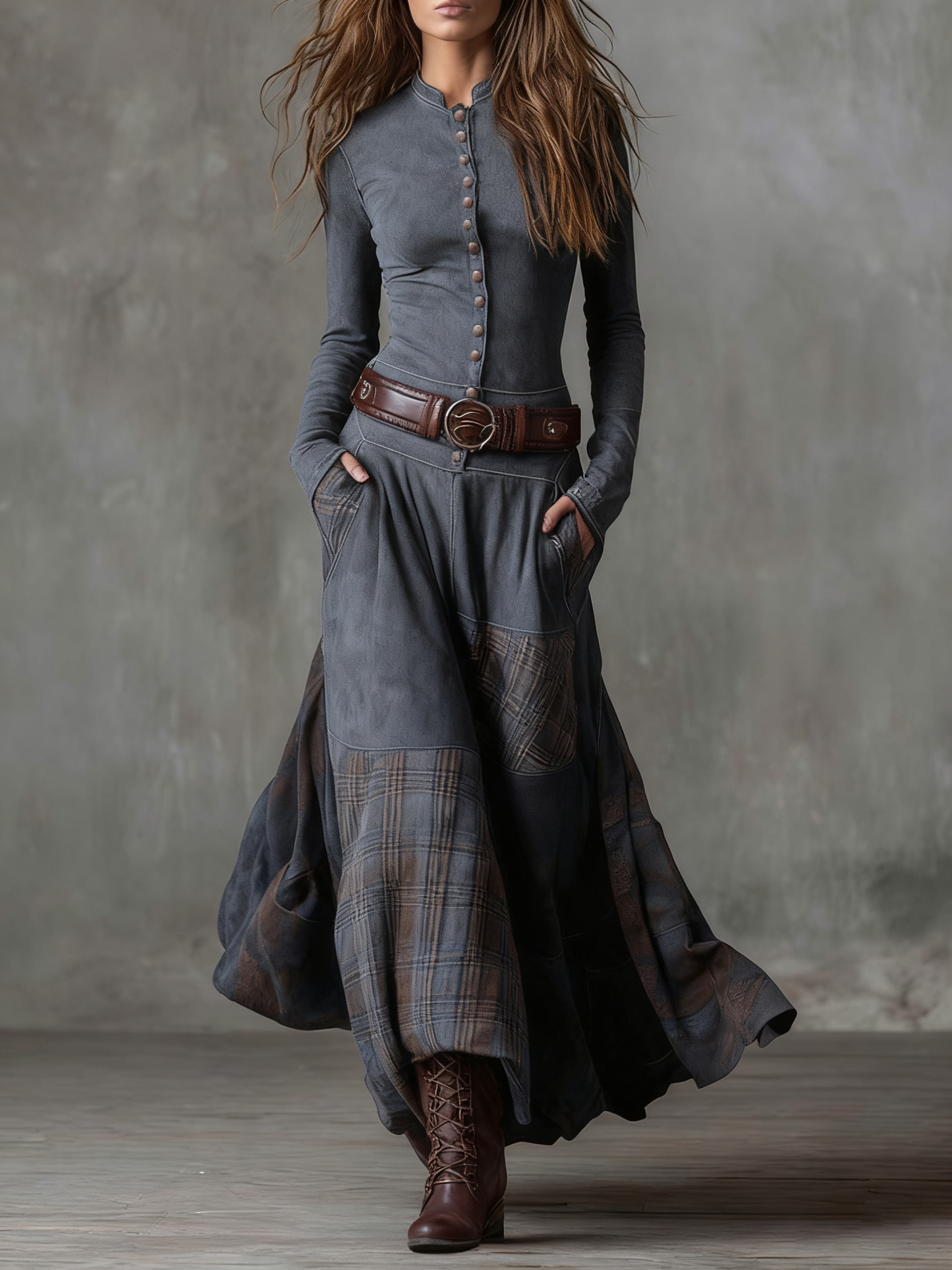 Avery | Plaid Paneled Vintage Suede Maxi Dress(with belt)