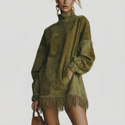 ADELA™ | Suede High-Neck Dress with Fringes