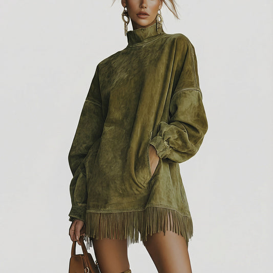 ADELA™ | Suede High-Neck Dress with Fringes