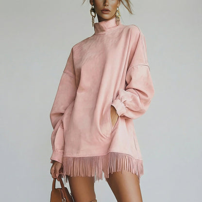 ADELA™ | Suede High-Neck Dress with Fringes