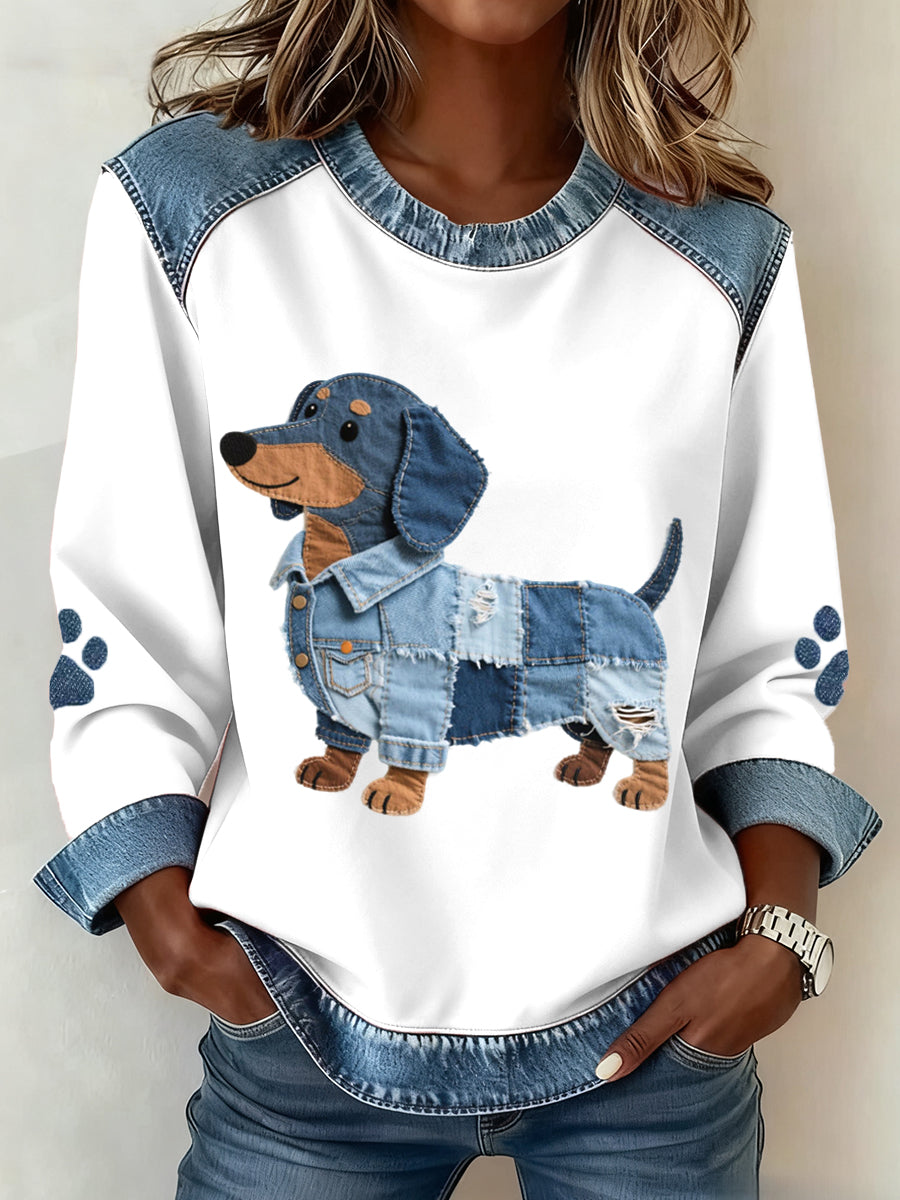 BRISA – Women’s Sweatshirt with Patchwork Motif and Dachshund Pattern