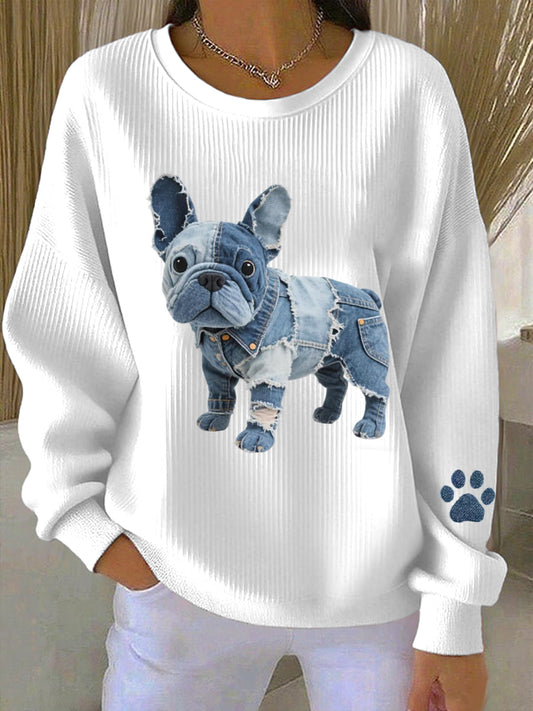 ROSA – Women’s Sweatshirt with Denim Patchwork in French Bulldog Style