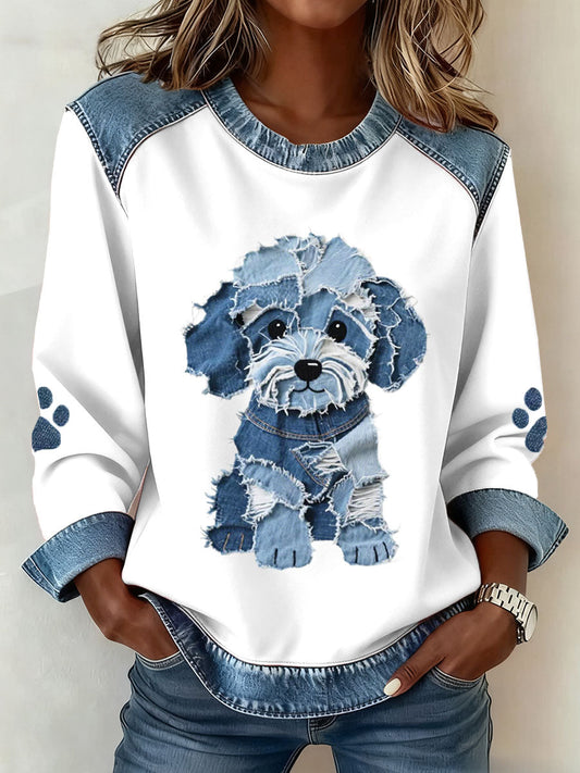 AVA – Women’s Sweatshirt with Patchwork Design and Denim Print of a Fluffy Dog