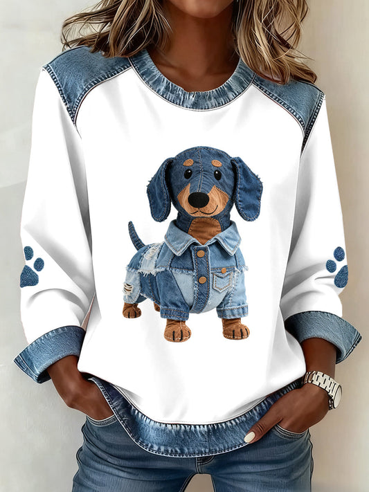 CLAIRE – Women’s Denim Patchwork Hoodie with Dachshund Design