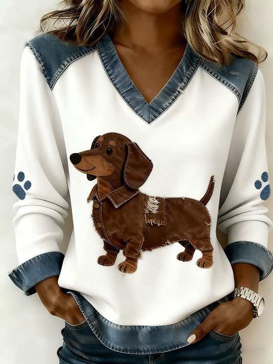 QUINN – Women’s Retro V-Neck Top with Animal Print Patchwork, Comfortable Loose Fit