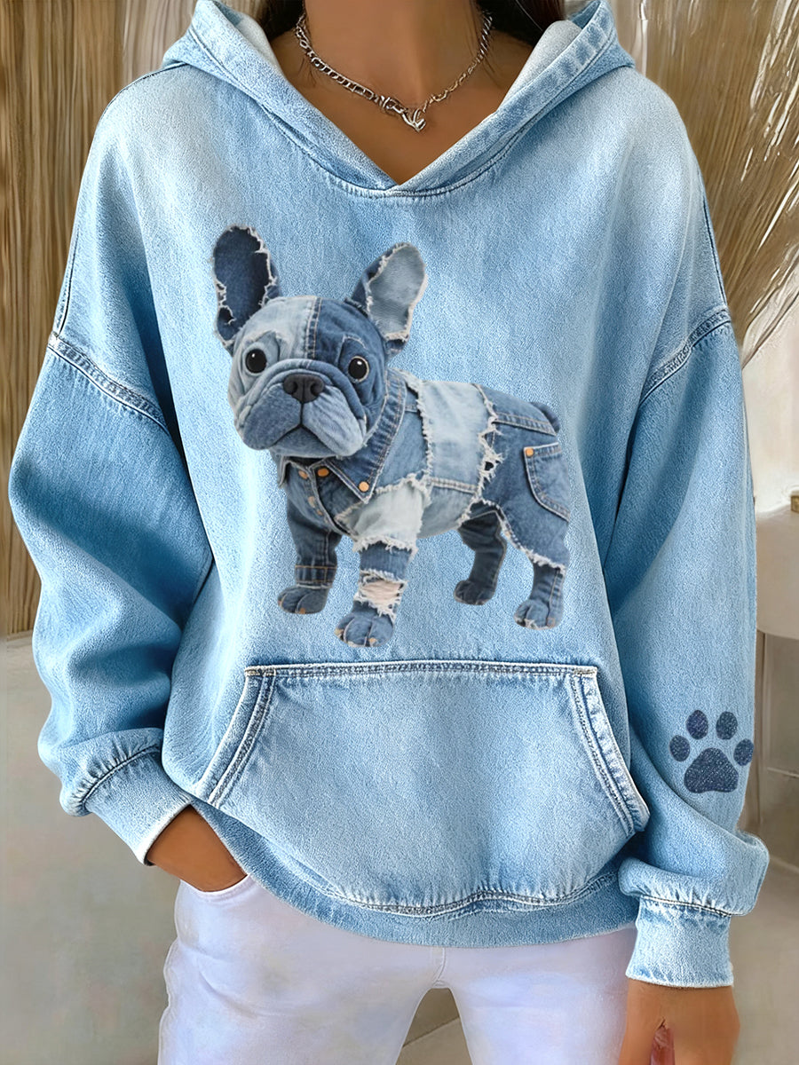 BLANCA – Women’s Striped French Bulldog Hoodie with Denim Patch