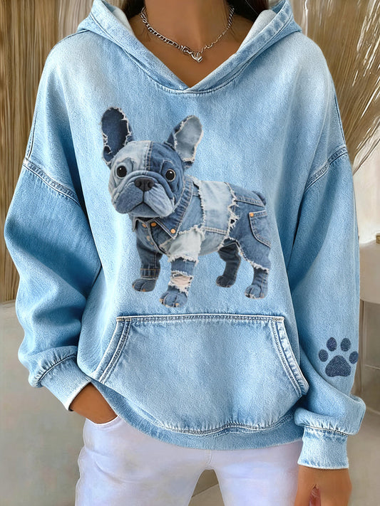 BLANCA – Women’s Striped French Bulldog Hoodie with Denim Patch